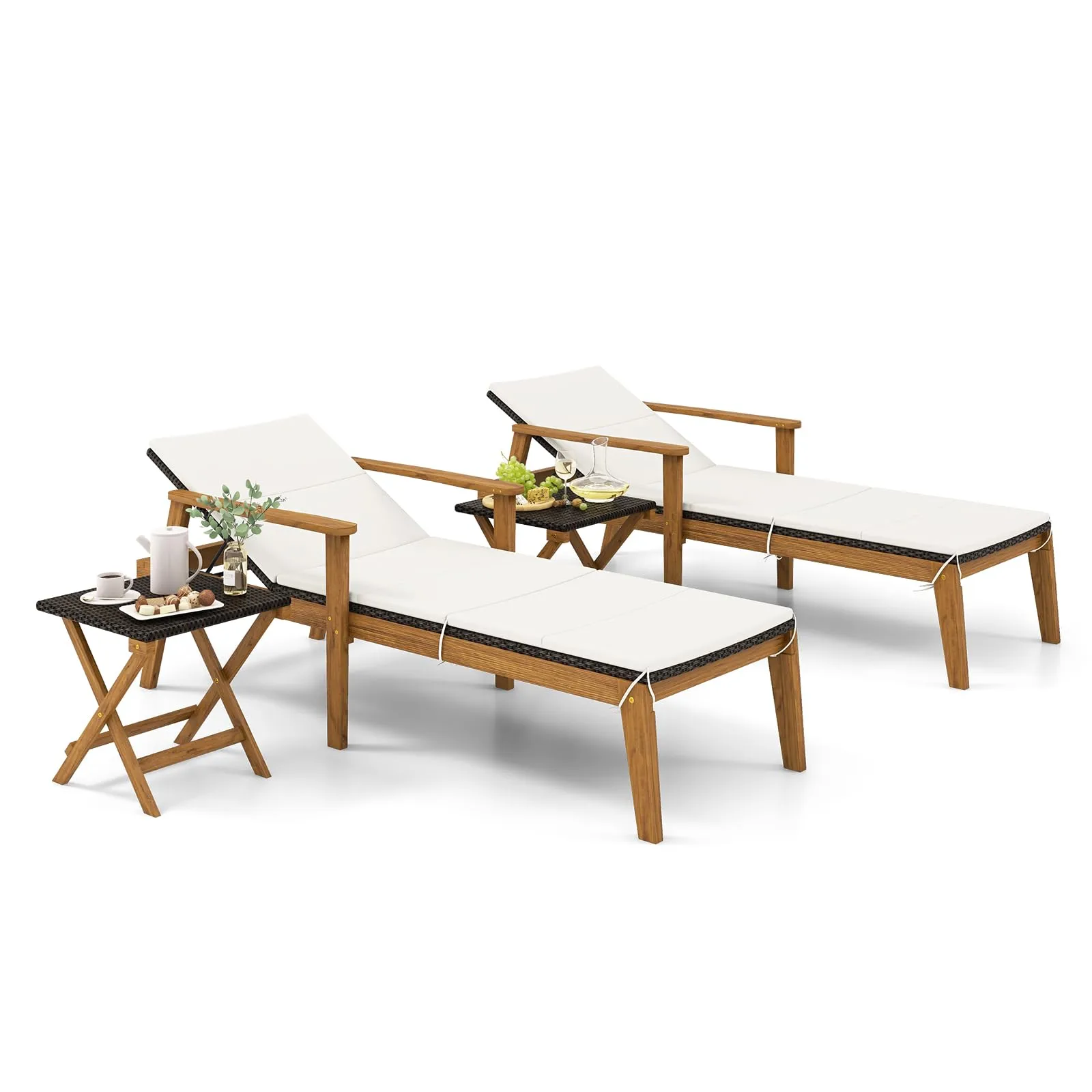 Tangkula Outdoor Chaise Lounge Chair Set, Rattan Patio Chaise with Armrests & 4-Level Backrest