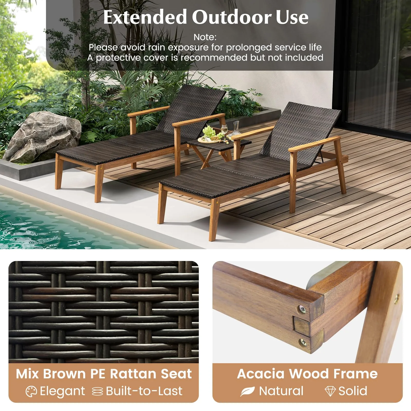 Tangkula Outdoor Chaise Lounge Chair Set, Rattan Patio Chaise with Armrests & 4-Level Backrest