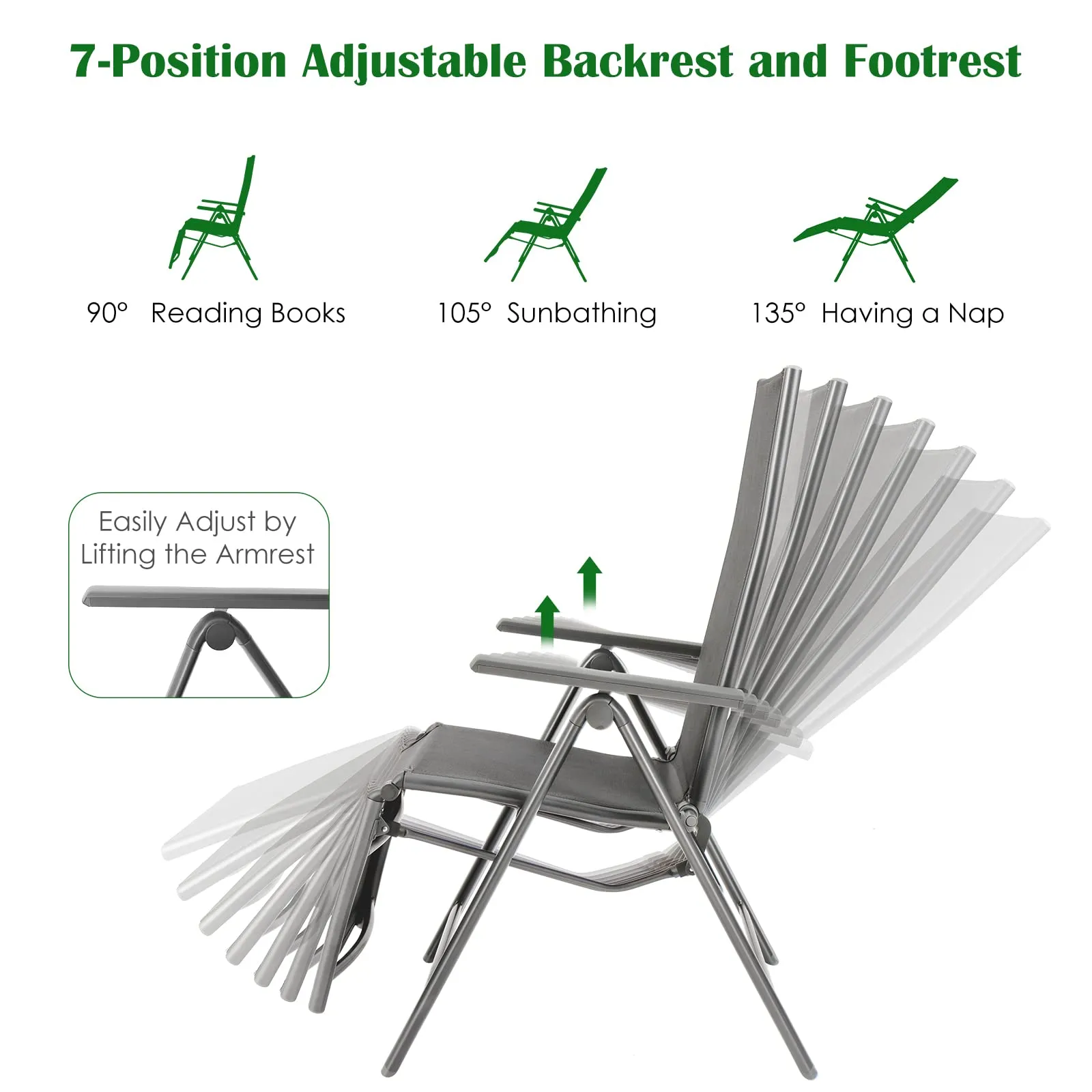 Tangkula Outdoor Folding Lounge Chair, Patio Reclining Chair W/7 Adjustable Backrest & Footrest Positions