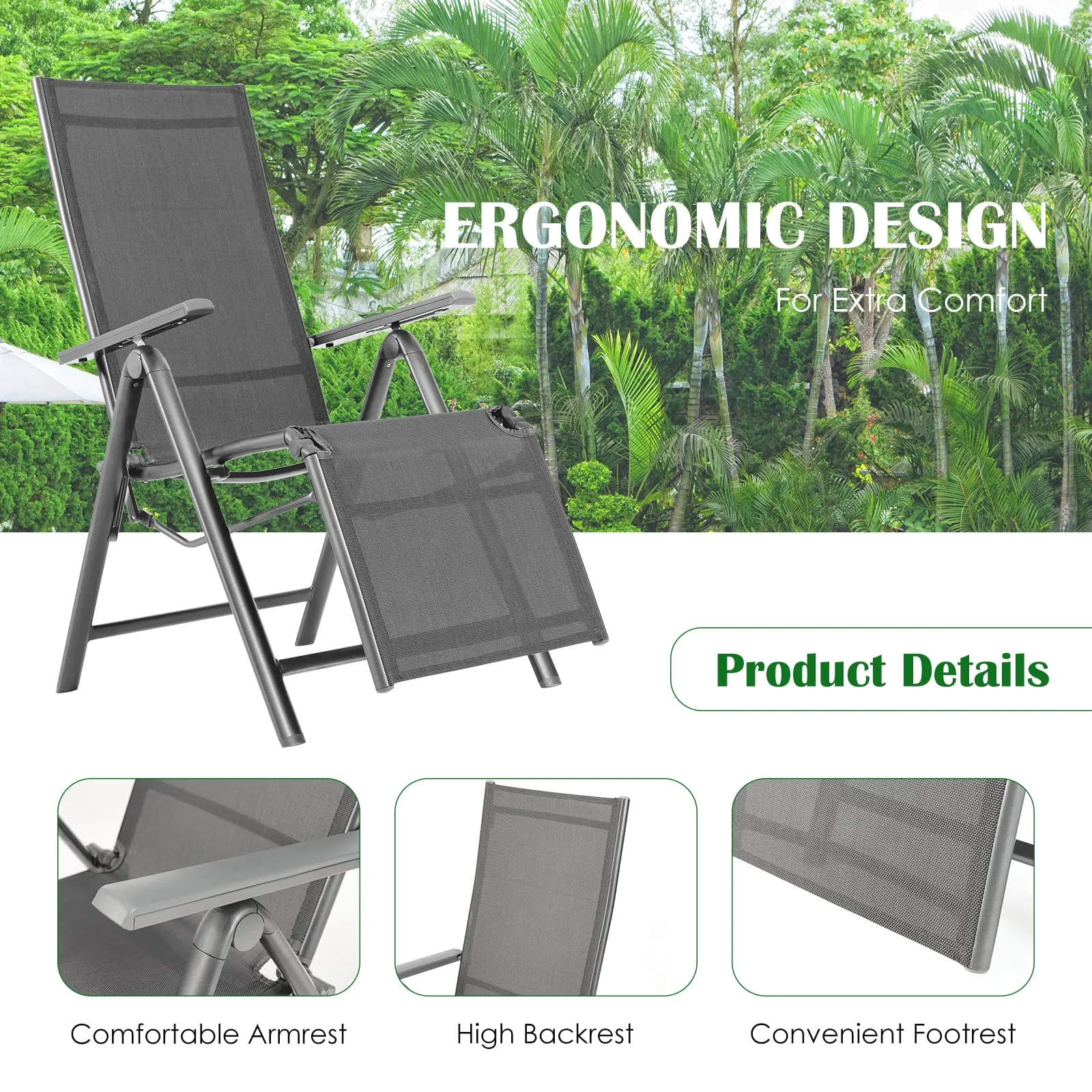 Tangkula Outdoor Folding Lounge Chair, Patio Reclining Chair W/7 Adjustable Backrest & Footrest Positions