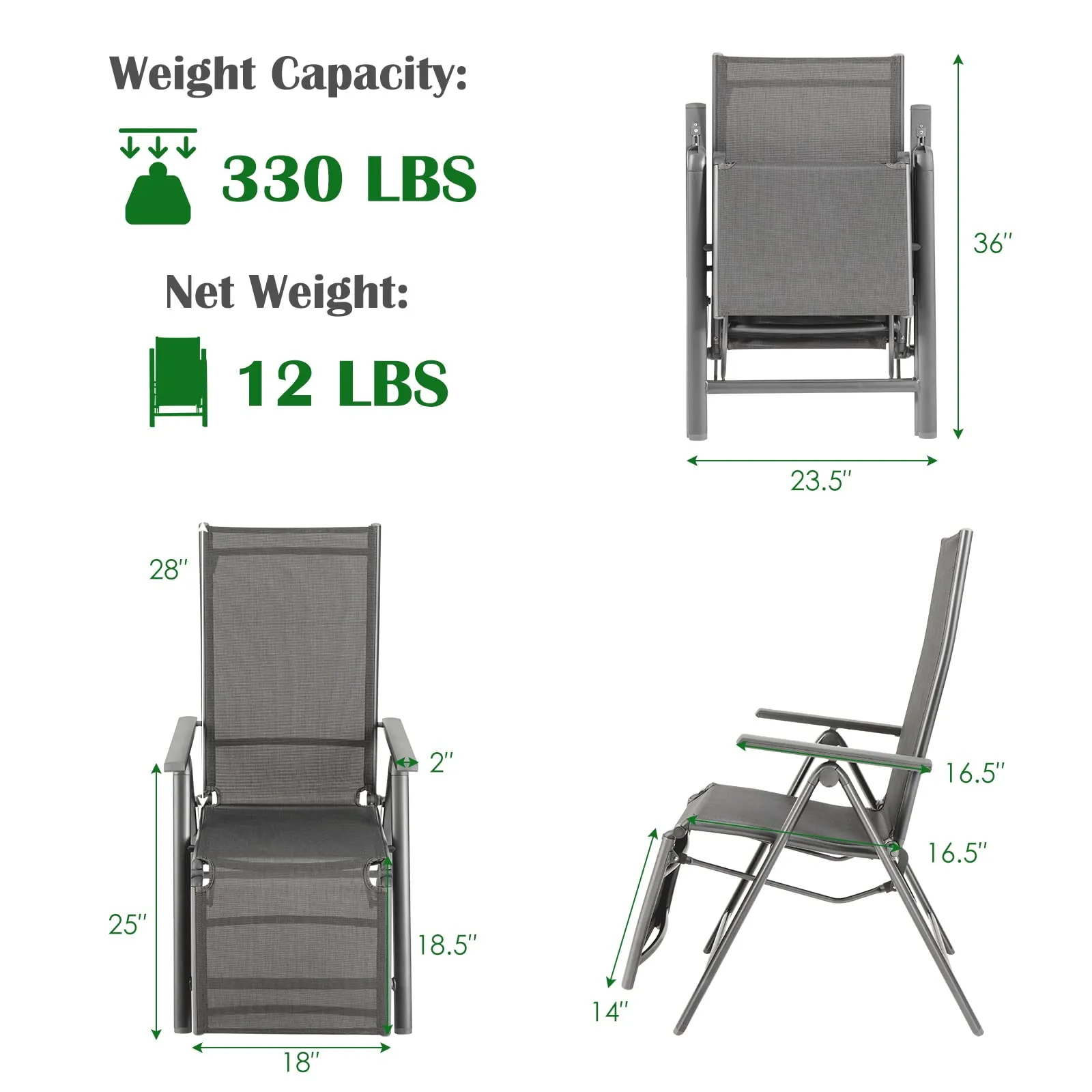 Tangkula Outdoor Folding Lounge Chair, Patio Reclining Chair W/7 Adjustable Backrest & Footrest Positions