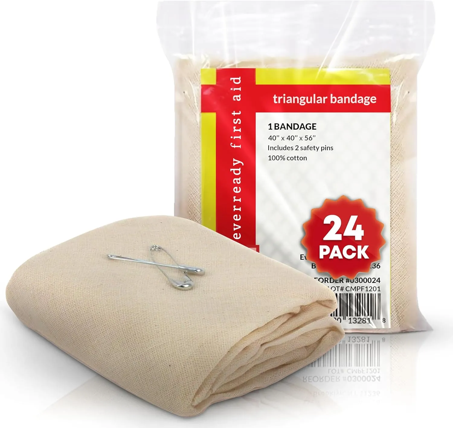 Triangular Bandage, 40" x 40" x 56", 100% Cotton, Individually Wrapped with 2 Safety Pins Per Bandage, Multi-Purpose Sling & Dressing for First Aid Kits  24 Pack