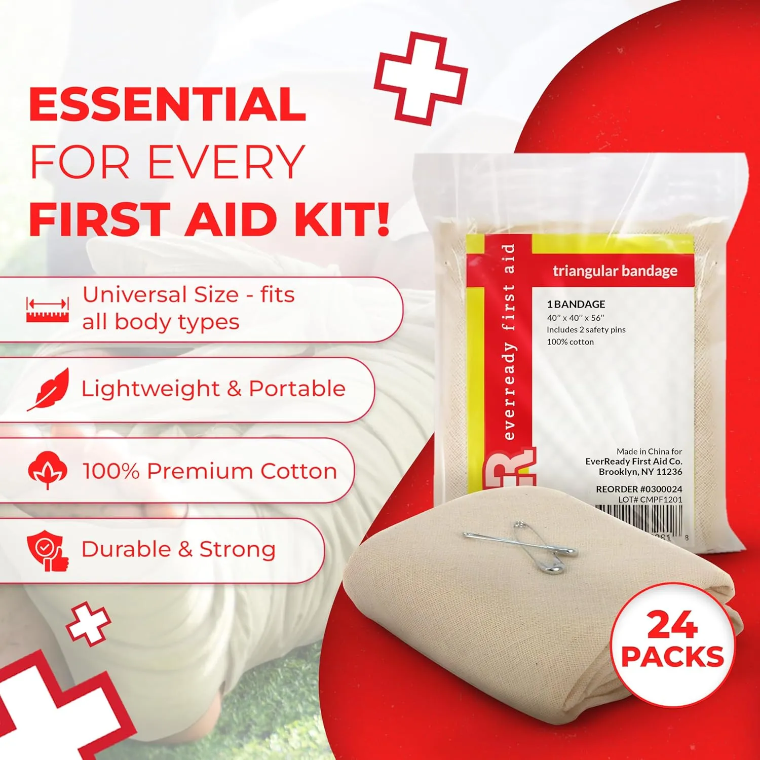 Triangular Bandage, 40" x 40" x 56", 100% Cotton, Individually Wrapped with 2 Safety Pins Per Bandage, Multi-Purpose Sling & Dressing for First Aid Kits  24 Pack