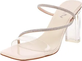 vivianly Womens Square Toe Clear Rhinestone Strappy Heeled Sandals Transparent Block High Heels Slides Slipper Wedding Dress