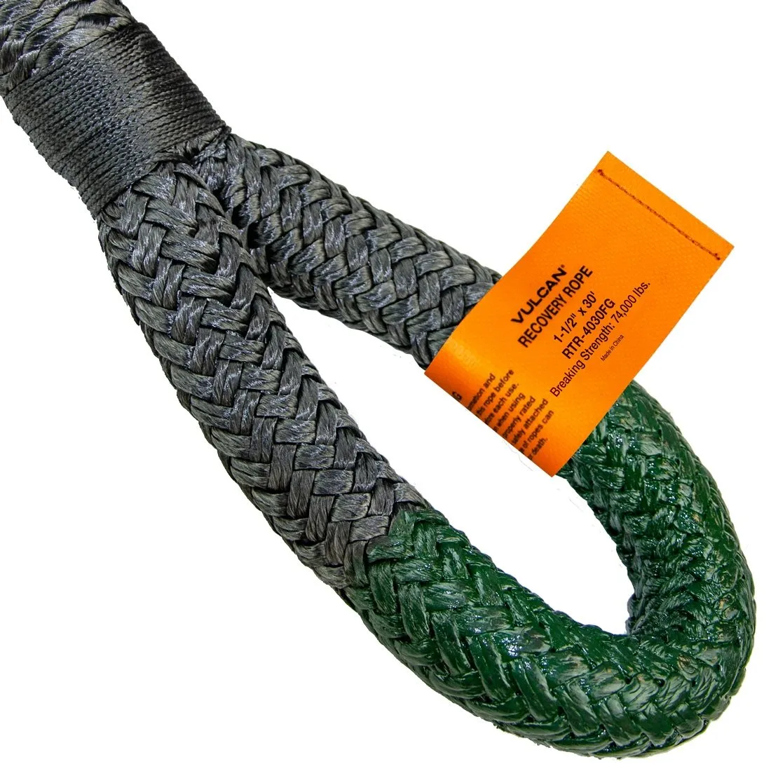 VULCAN Off-Road Double Braided Recovery Rope Kit with 1-1/2 Inch x 30 Foot Rope - Two Shackles and Vented Storage Bag - 74,000 Pound Breaking Strength - Green - Black