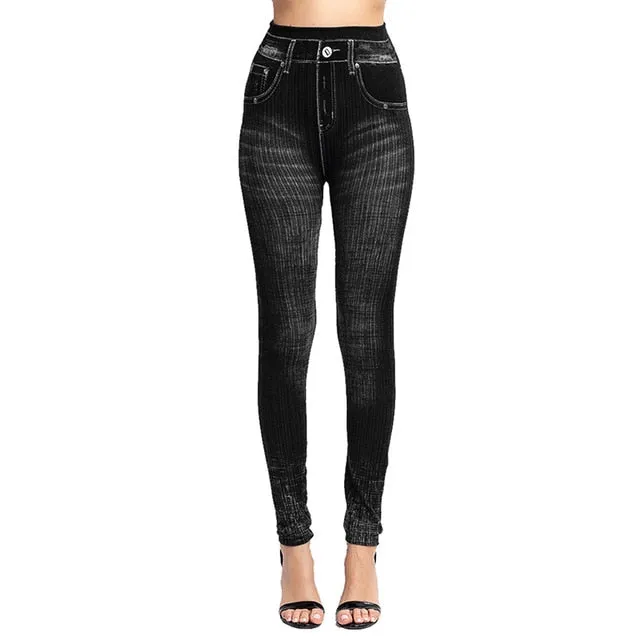 Women's Imitation Jeans Leggings Pants Stretchable Slim Fitness Leggings Faux Denim Jeans High Hips Sports Pencil Pants Casual