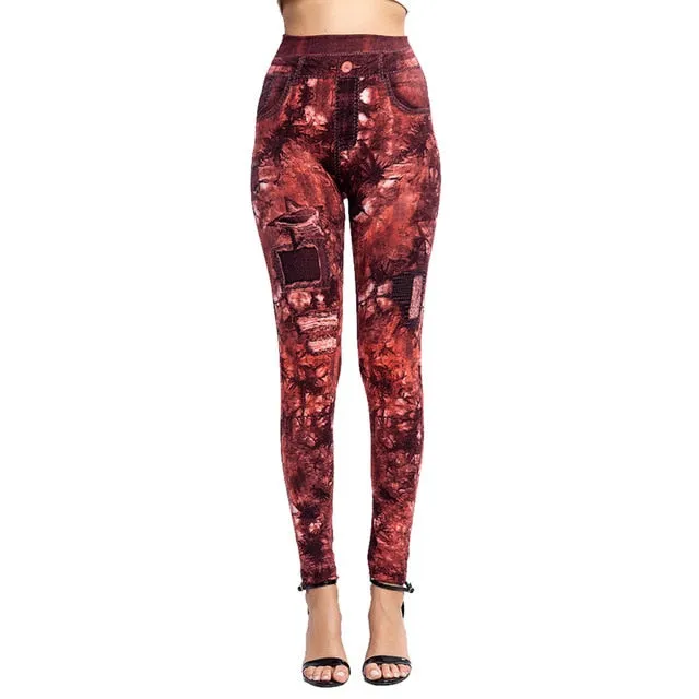 Women's Imitation Jeans Leggings Pants Stretchable Slim Fitness Leggings Faux Denim Jeans High Hips Sports Pencil Pants Casual