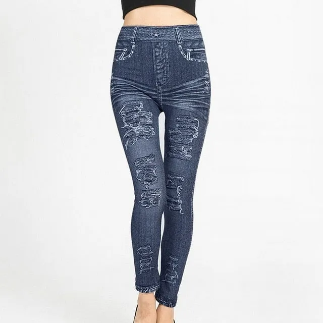 Women's Imitation Jeans Leggings Pants Stretchable Slim Fitness Leggings Faux Denim Jeans High Hips Sports Pencil Pants Casual