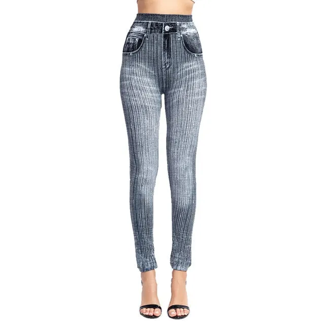 Women's Imitation Jeans Leggings Pants Stretchable Slim Fitness Leggings Faux Denim Jeans High Hips Sports Pencil Pants Casual