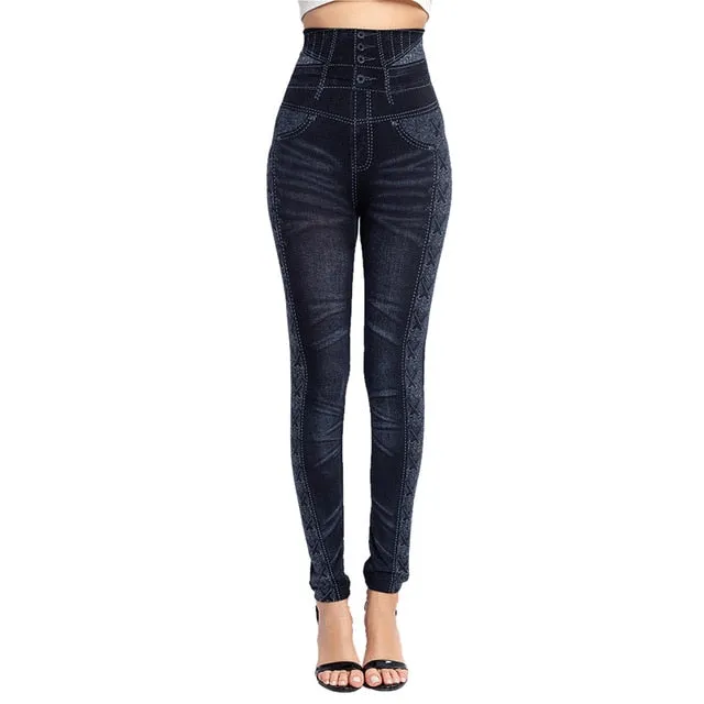 Women's Imitation Jeans Leggings Pants Stretchable Slim Fitness Leggings Faux Denim Jeans High Hips Sports Pencil Pants Casual