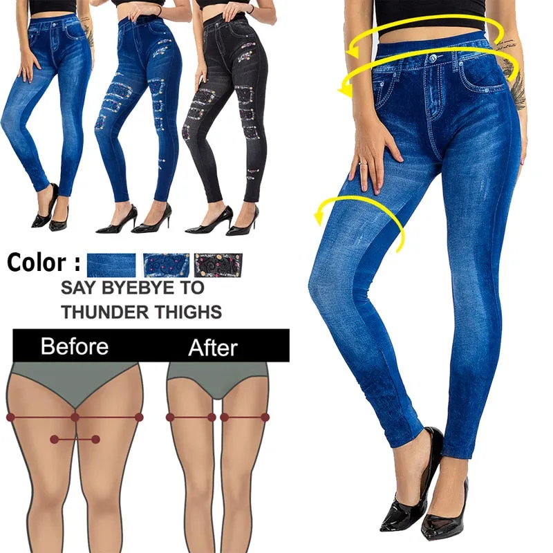 Women's Imitation Jeans Leggings Pants Stretchable Slim Fitness Leggings Faux Denim Jeans High Hips Sports Pencil Pants Casual
