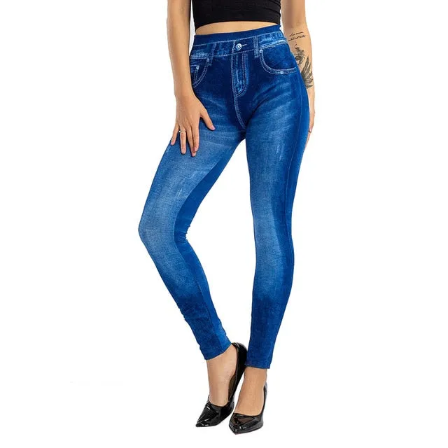 Women's Imitation Jeans Leggings Pants Stretchable Slim Fitness Leggings Faux Denim Jeans High Hips Sports Pencil Pants Casual