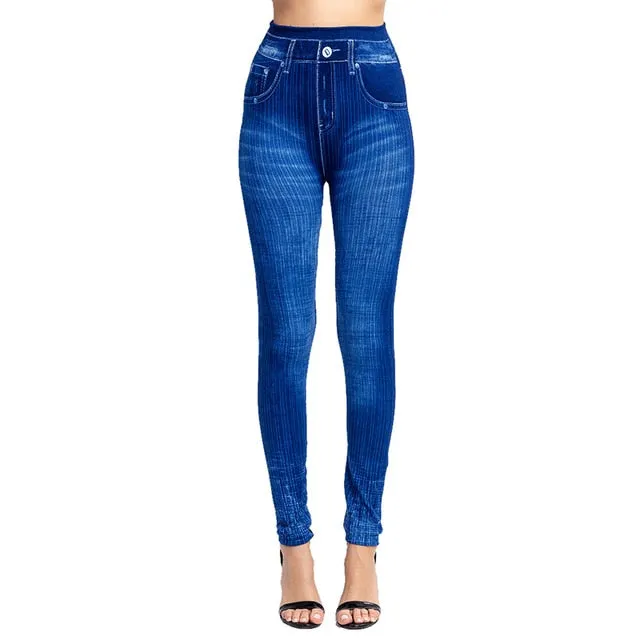 Women's Imitation Jeans Leggings Pants Stretchable Slim Fitness Leggings Faux Denim Jeans High Hips Sports Pencil Pants Casual