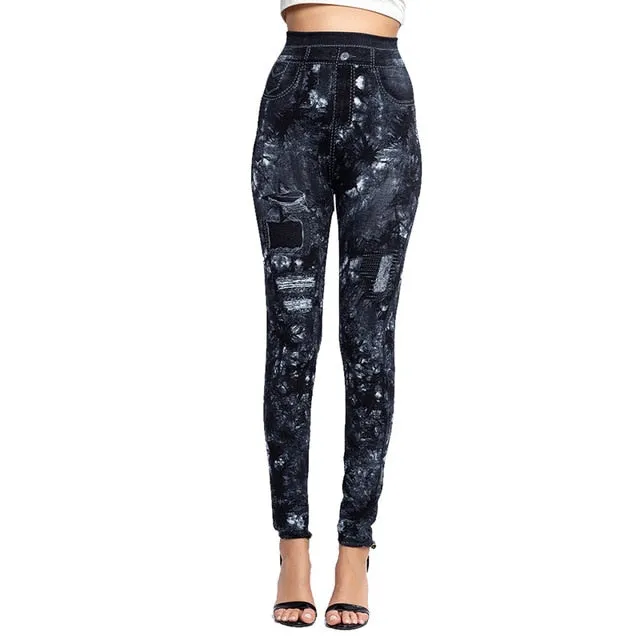Women's Imitation Jeans Leggings Pants Stretchable Slim Fitness Leggings Faux Denim Jeans High Hips Sports Pencil Pants Casual