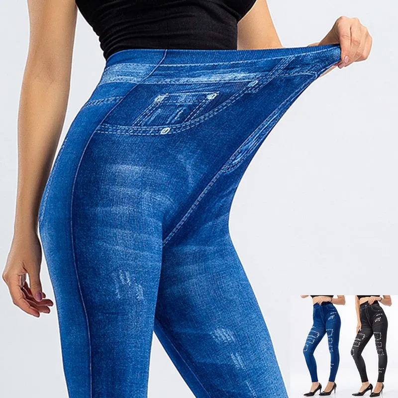 Women's Imitation Jeans Leggings Pants Stretchable Slim Fitness Leggings Faux Denim Jeans High Hips Sports Pencil Pants Casual
