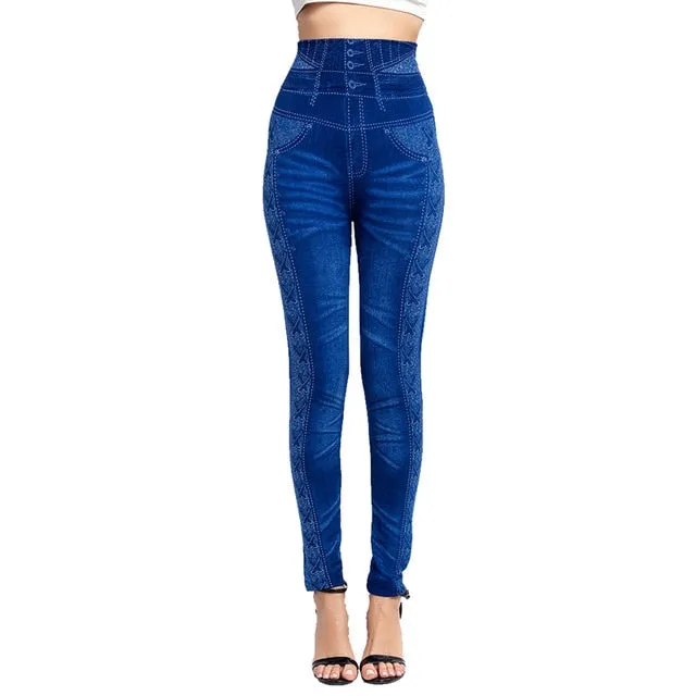 Women's Imitation Jeans Leggings Pants Stretchable Slim Fitness Leggings Faux Denim Jeans High Hips Sports Pencil Pants Casual