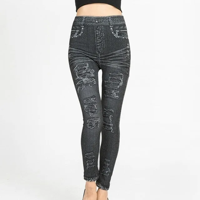 Women's Imitation Jeans Leggings Pants Stretchable Slim Fitness Leggings Faux Denim Jeans High Hips Sports Pencil Pants Casual