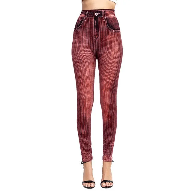 Women's Imitation Jeans Leggings Pants Stretchable Slim Fitness Leggings Faux Denim Jeans High Hips Sports Pencil Pants Casual