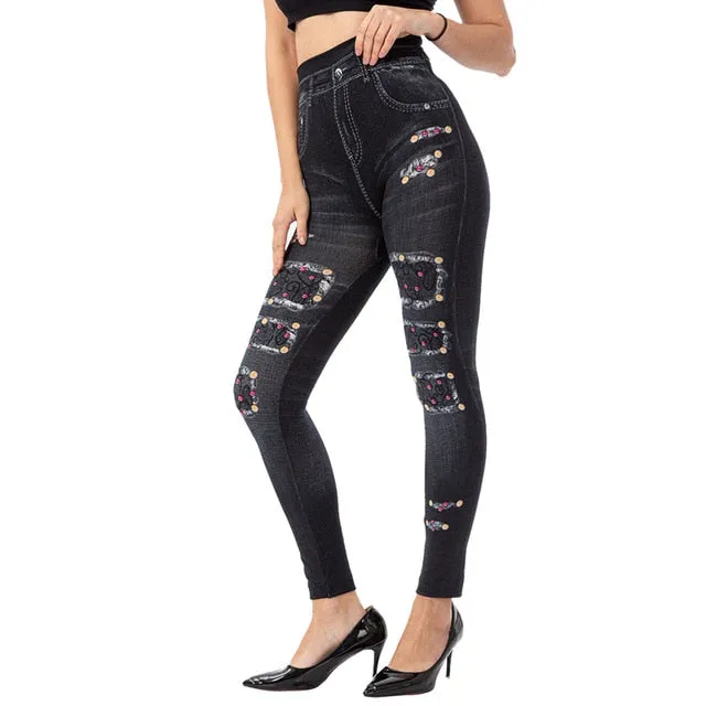 Women's Imitation Jeans Leggings Pants Stretchable Slim Fitness Leggings Faux Denim Jeans High Hips Sports Pencil Pants Casual