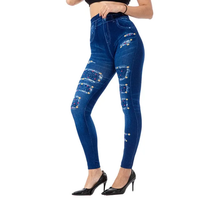 Women's Imitation Jeans Leggings Pants Stretchable Slim Fitness Leggings Faux Denim Jeans High Hips Sports Pencil Pants Casual