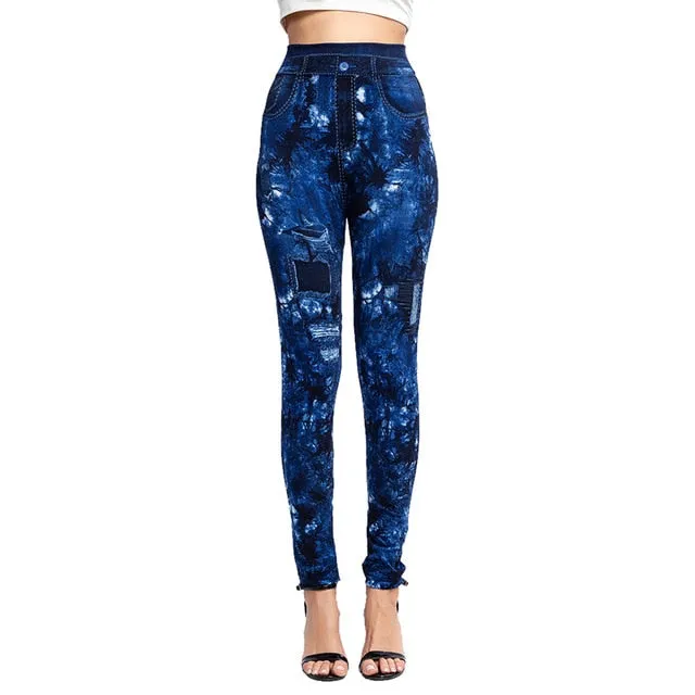 Women's Imitation Jeans Leggings Pants Stretchable Slim Fitness Leggings Faux Denim Jeans High Hips Sports Pencil Pants Casual