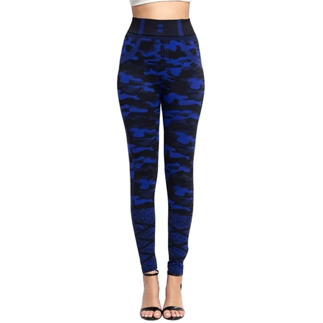 Women's Imitation Jeans Leggings Pants Stretchable Slim Fitness Leggings Faux Denim Jeans High Hips Sports Pencil Pants Casual