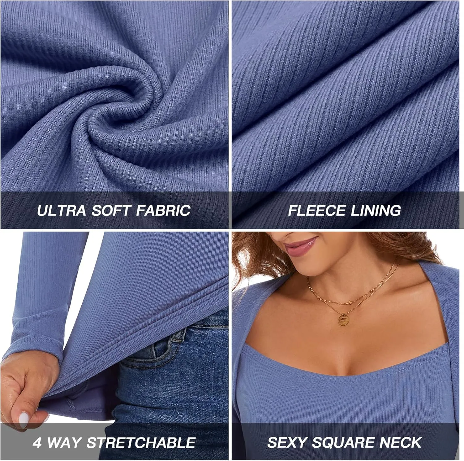 Women's Square Neck Thermal Long Sleeve Shirts Sexy Ribbed Slim Fitted Tops Winter Fleece Lined Casual Warm Base Layer