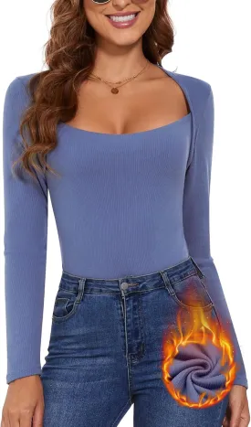 Women's Square Neck Thermal Long Sleeve Shirts Sexy Ribbed Slim Fitted Tops Winter Fleece Lined Casual Warm Base Layer