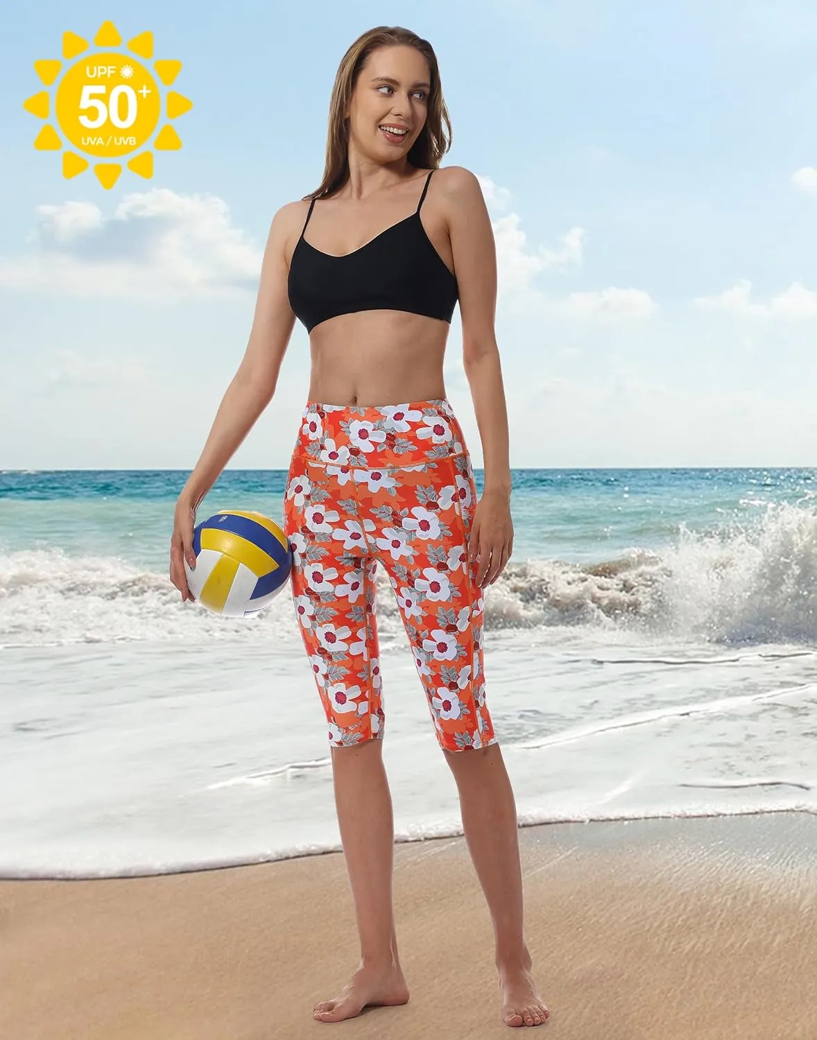 Womens UPF50  Swim Capris High Waisted Swim Pants Tummy Control Knee Length Long Swim Shorts with Pockets Quick Dry