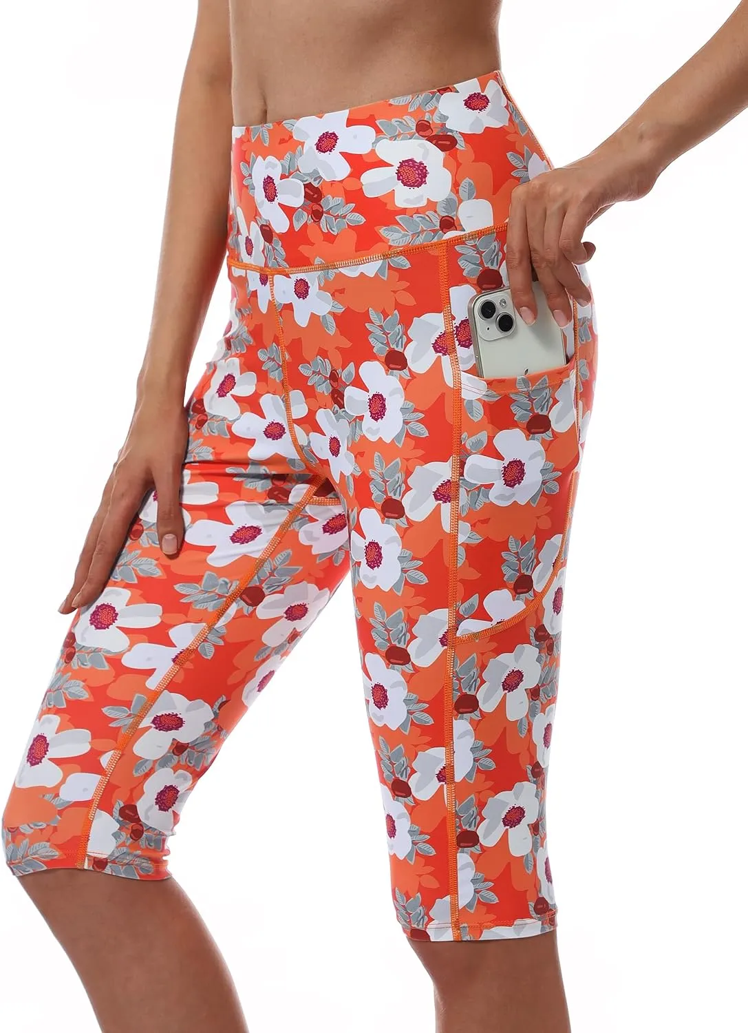 Womens UPF50  Swim Capris High Waisted Swim Pants Tummy Control Knee Length Long Swim Shorts with Pockets Quick Dry