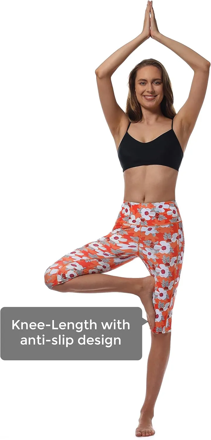 Womens UPF50  Swim Capris High Waisted Swim Pants Tummy Control Knee Length Long Swim Shorts with Pockets Quick Dry