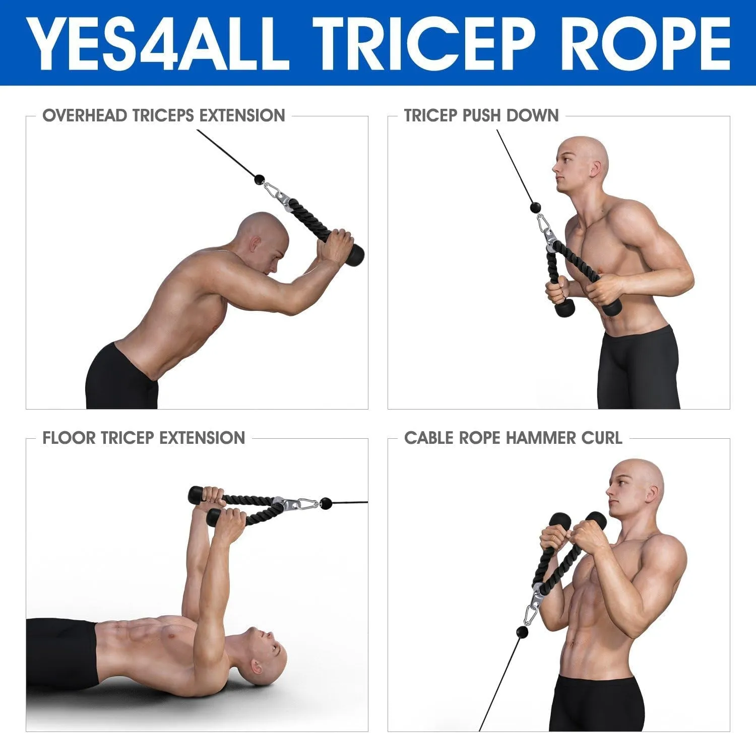 Yes4All Deluxe Tricep Rope Cable Attachment, 27 & 36 Inch with 4 Colors, Exercise Machine Attachments Pulley System Gym Pull down Rope with Carabiner