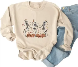 Yimoya Vintage Halloween Sweatshirt for Women Dancing Skeleton Sweatshirt Cute Pumpkin Sweater Blouse Tops