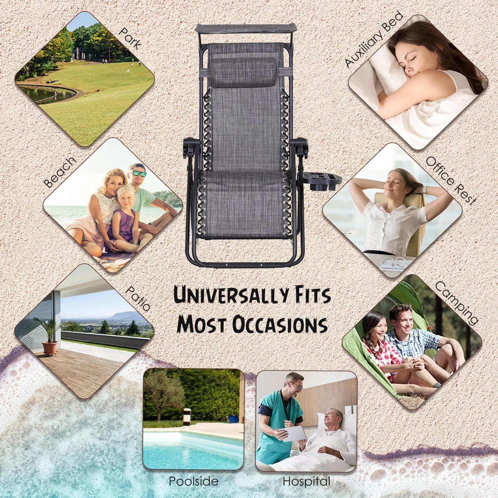 Zero Gravity Garden Deck Folding Chair Texteline Patio Sun Adjustable Lounger Reclining Seat with Cup Holder & Canopy Shade - Grey